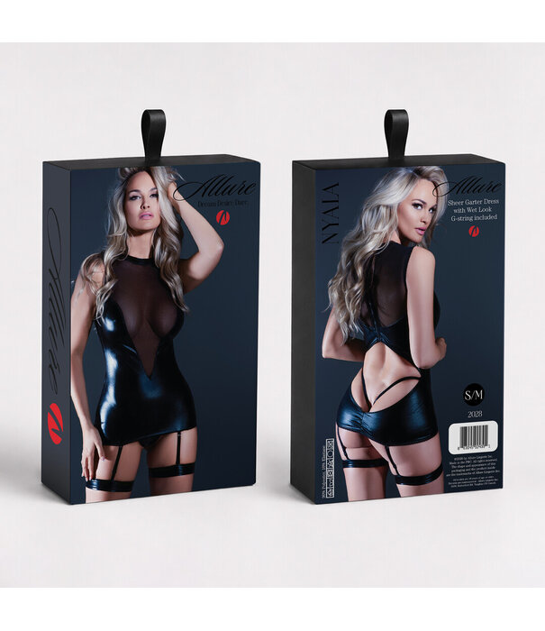 Allure Nyala - Doorzichtig en Wetlook Garter Jurk met G-String - L/XL - Zwart