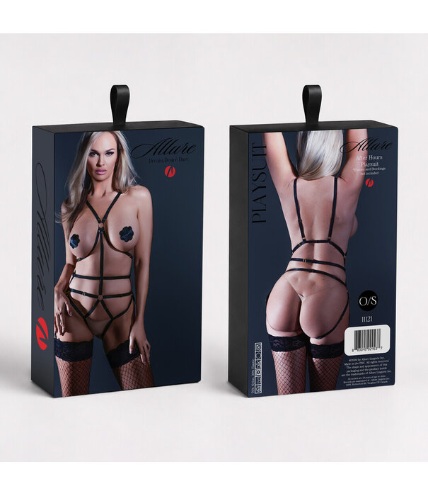 Allure After Hours Playsuit - Open Teddy met Kousenbanden - One Size - Zwart