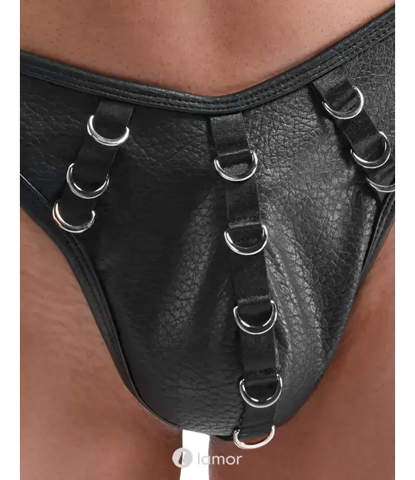 * SVENJOYMENT Svenjoyment lederlook herenstring SJ2111829 zwart met zilverkleurige metalen ringen en voorgevormde pouch