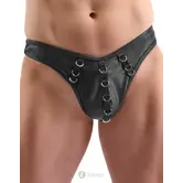 Svenjoyment lederlook herenstring SJ2111829 zwart met zilverkleurige metalen ringen en voorgevormde pouch