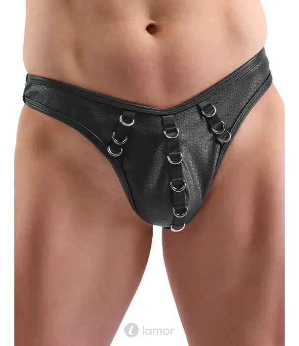 * SVENJOYMENT Svenjoyment lederlook herenstring SJ2111829 zwart met zilverkleurige metalen ringen en voorgevormde pouch