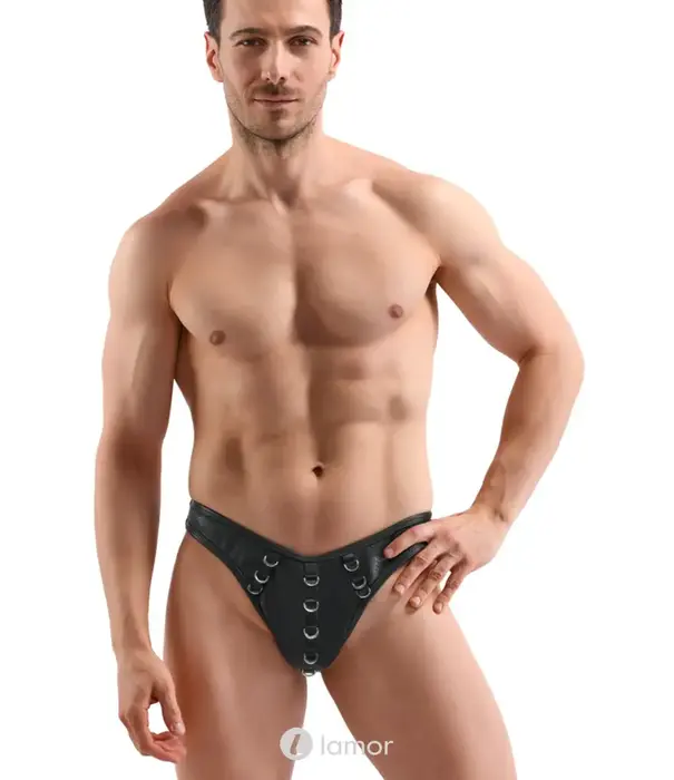 * SVENJOYMENT Svenjoyment lederlook herenstring SJ2111829 zwart met zilverkleurige metalen ringen en voorgevormde pouch
