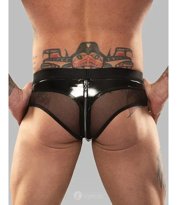 * RFP Regnes Fetish Planet vinyl mesh string REOscar001 zwart met transparant mesh en tweewegrits