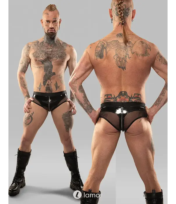 * RFP Regnes Fetish Planet vinyl mesh string REOscar001 zwart met transparant mesh en tweewegrits