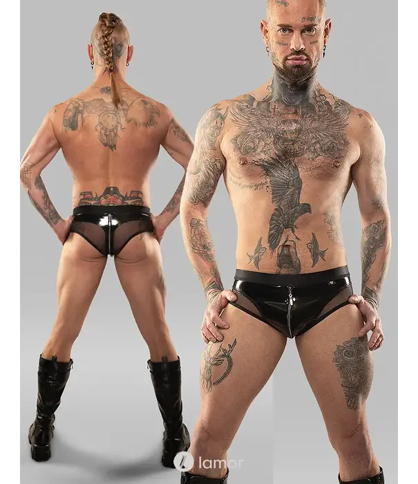* RFP Regnes Fetish Planet vinyl mesh string REOscar001 zwart met transparant mesh en tweewegrits