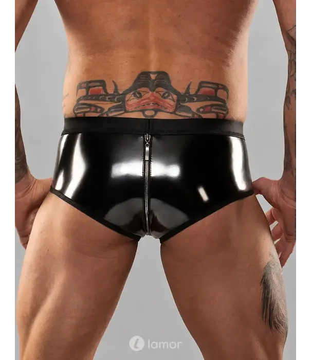 * RFP Regnes Fetish Planet vinyl short REEnzo001 zwart met tweewegrits en skinny fit