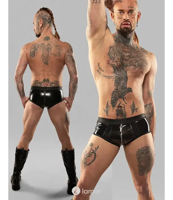 * RFP Regnes Fetish Planet vinyl short REEnzo001 zwart met tweewegrits en skinny fit