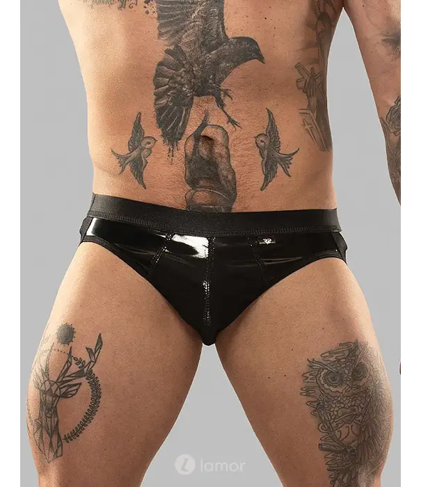 * RFP Vinyl jockstrap RECiro001 zwart van glanzend PVC met open achterkant