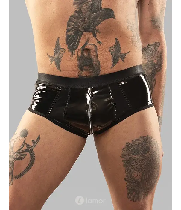 * RFP Regnes Fetish Planet vinyl short REEnzo001 zwart met tweewegrits en skinny fit