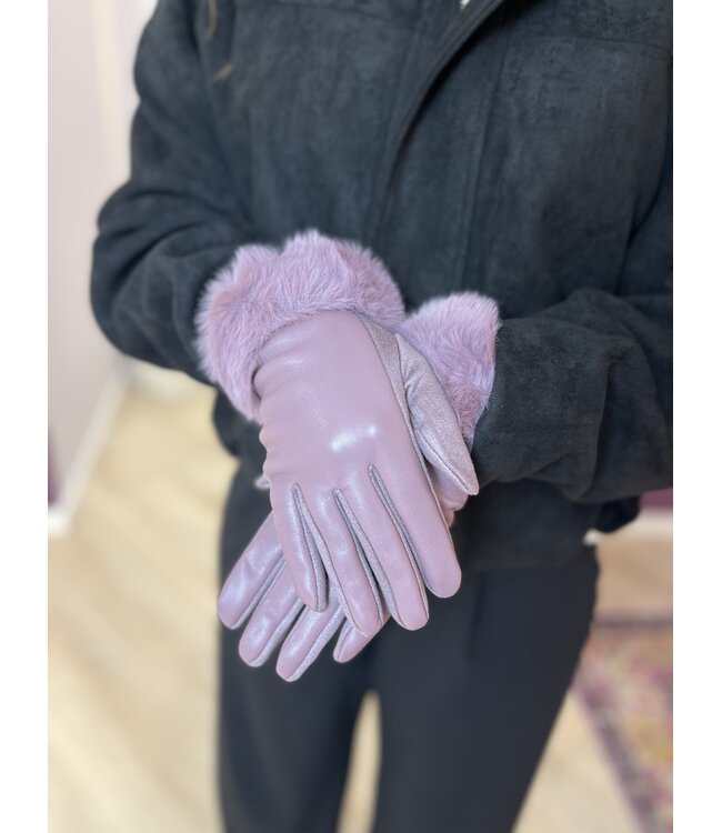 Gloves leather look faux fur