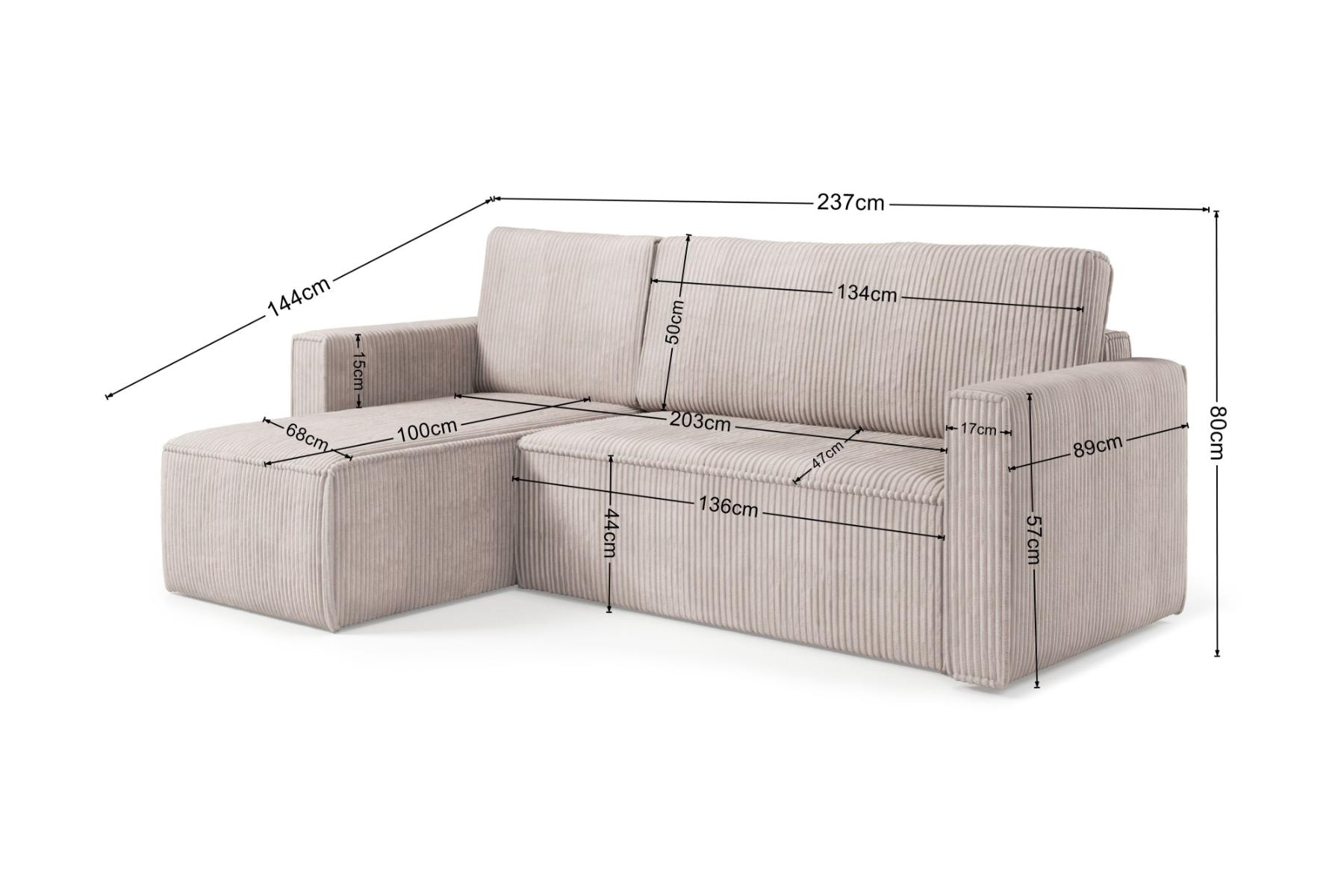 Elba - 3-zits slaapbank met chaise longue en opbergruimte