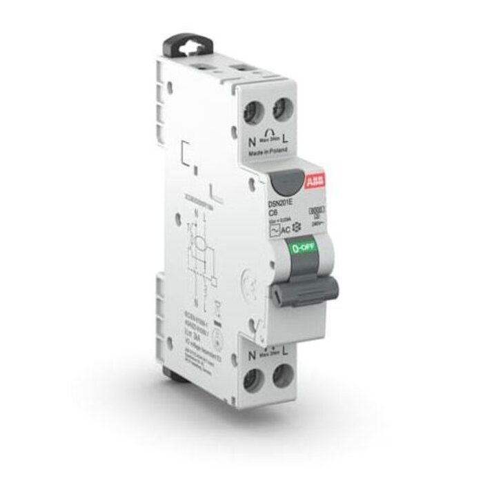 ABB Aardlekautomaat 1Pol+N 16A 30mA. C-kar smal/1M