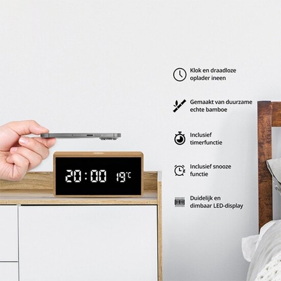 FlinQ Bamboe Draadloze QI Wekker - Digitale wekker - Draadloze oplader iPhone - Wireless Charger - Thermometer - Bamboe