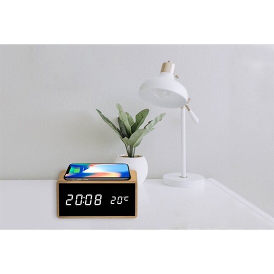 FlinQ Bamboe Draadloze QI Wekker - Digitale wekker - Draadloze oplader iPhone - Wireless Charger - Thermometer - Bamboe