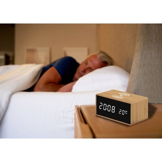 FlinQ Bamboe Draadloze QI Wekker - Digitale wekker - Draadloze oplader iPhone - Wireless Charger - Thermometer - Bamboe