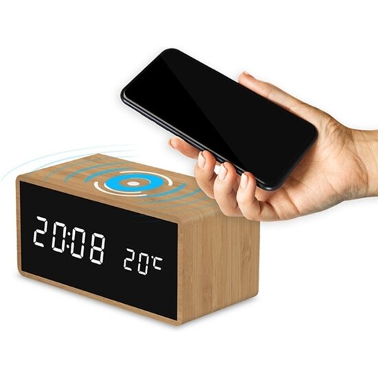 FlinQ Bamboe Draadloze QI Wekker - Digitale wekker - Draadloze oplader iPhone - Wireless Charger - Thermometer - Bamboe
