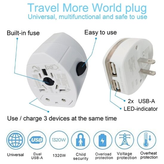FlinQ Wereldreisstekker - Stopcontact buitenland - Reisadapter EU/UK/US/AUS/AFR - Universeel