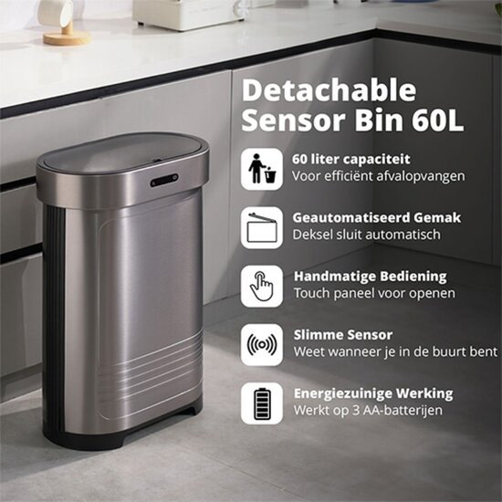 FlinQ FlinQ Detachable Sensor Bin 60L – Slimme Opvouwbare Prullenbak in Titanium Alloy