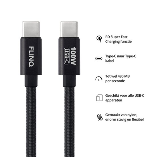 FlinQ FlinQ - 2-pack - 100W Snellader USB-C (PD) Kabel