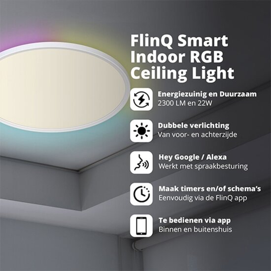 Webshop Outlet FlinQ Smart Indoor RGB Ceiling Light – Slimme Plafondlamp voor Elke Ruimte