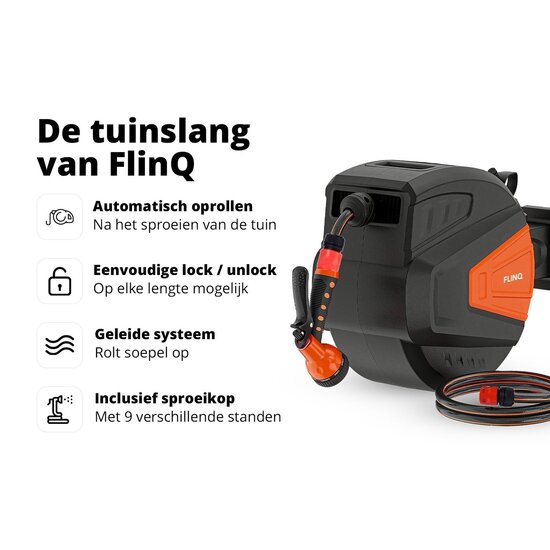FlinQ FlinQ Automatische Tuinslanghaspel met 9 Sproeistanden - 180° Draaibaar - 30 Meter