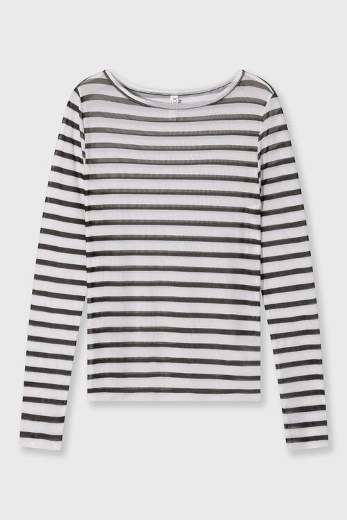10Days Ecru/Zwarte mesh t-shirt met strepen