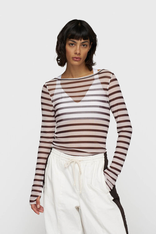 10Days Ecru/wijnrode mesh top met lange mouwen en strepen