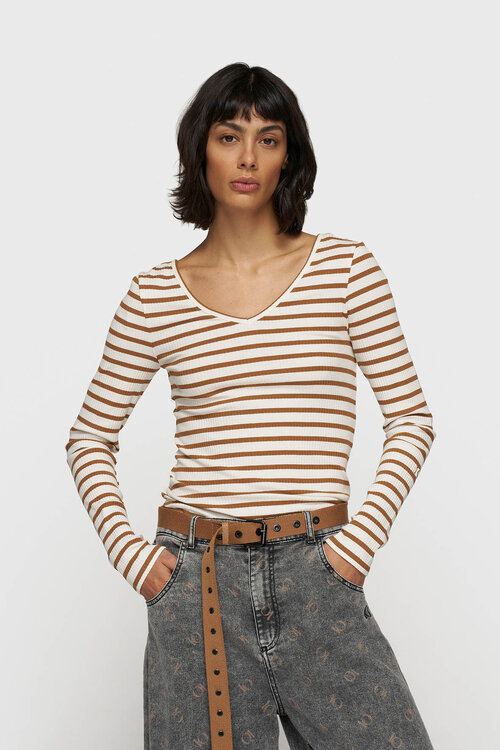 10Days Ecru en bruine top met lange mouwen en V-hals