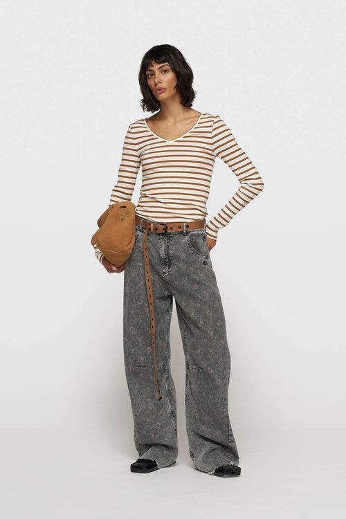 10Days Ecru en bruine top met lange mouwen en V-hals