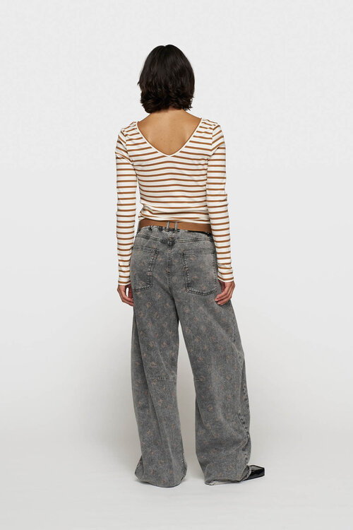 10Days Ecru en bruine top met lange mouwen en V-hals