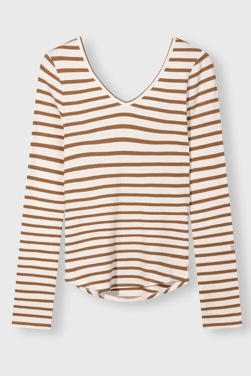10Days Ecru en bruine top met lange mouwen en V-hals