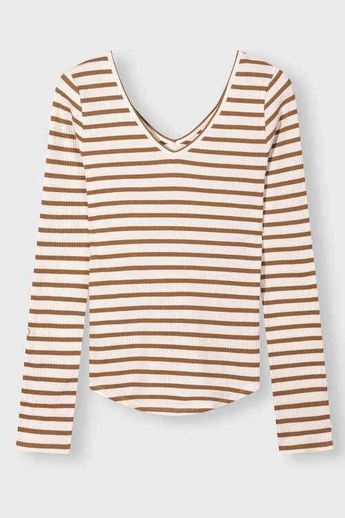 10Days Ecru en bruine top met lange mouwen en V-hals