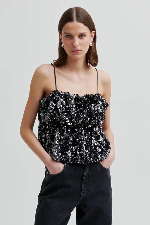 Second Female Grijze Glanzende Top met Bandjes