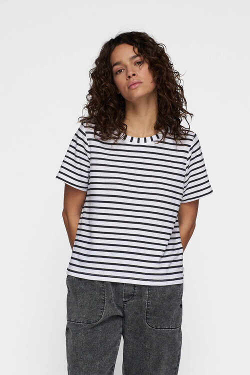 10Days THE PETITE TEE LINEN STRIPES in wit/zwart
