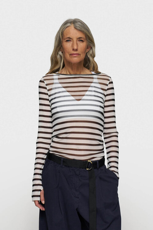 10Days Mesh T-shirt met strepen in ecru en zwart