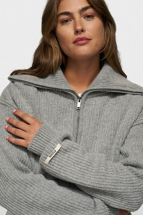 10Days Lichtgrijs gemêleerd gebreid cropped jasje met rits