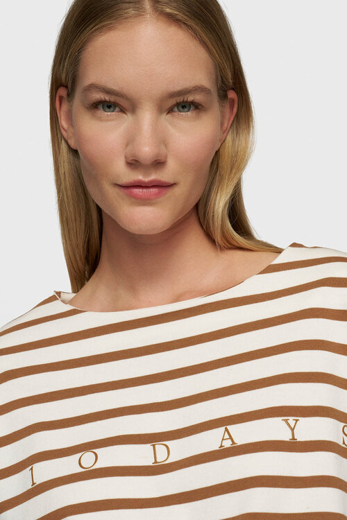 10Days Ecru/bruine gestreepte top met boothals