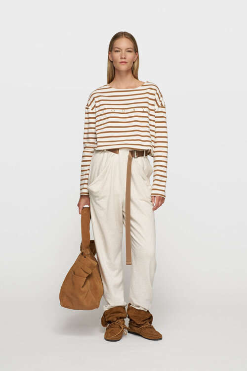 10Days Ecru/bruine gestreepte top met boothals