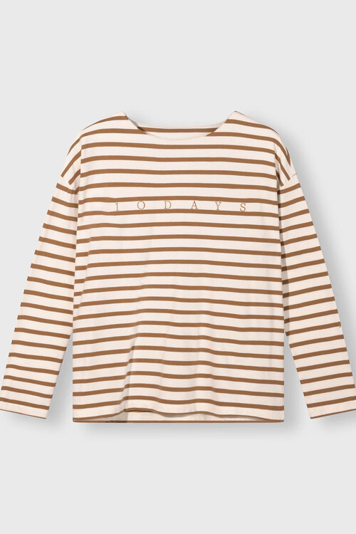 10Days Ecru/bruine gestreepte top met boothals