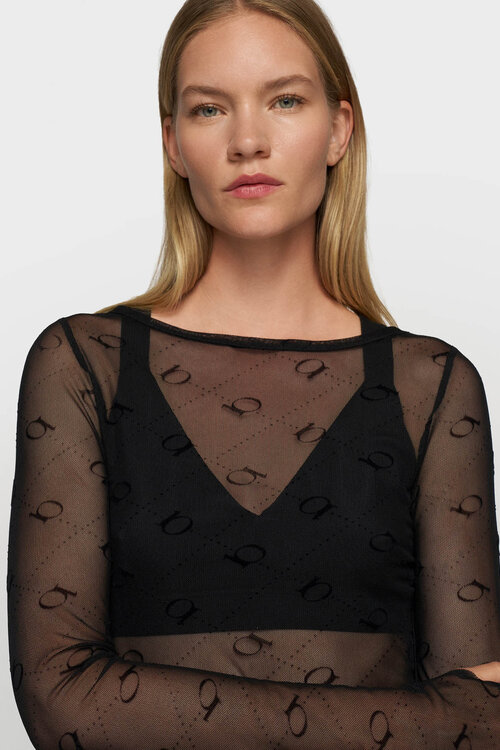 10Days Zwarte mesh top met lange mouwen en monogramprint