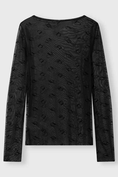 10Days Zwarte mesh top met lange mouwen en monogramprint