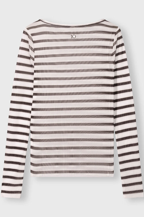 10Days Ecru/wijnrood mesh top met lange mouwen en strepen