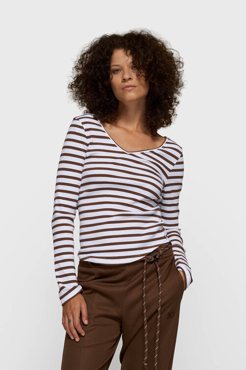 10Days Ecru/bruine V-hals ballet top met strepen