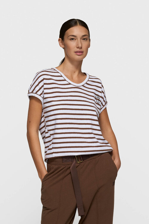 10Days Wit/donker truffel gestreept V-hals T-shirt