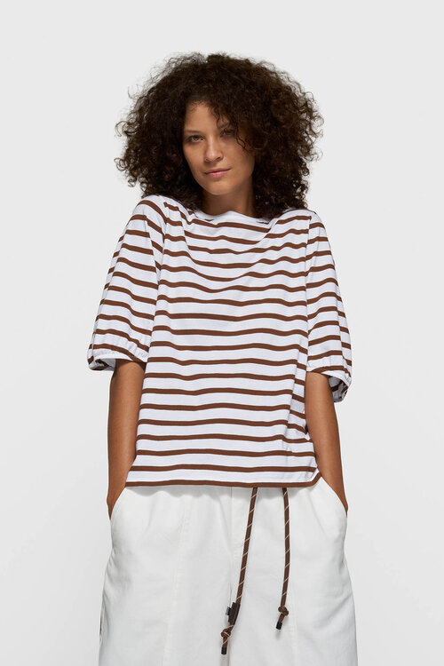 10Days Wit/donker truffel gestreept ballon T-shirt