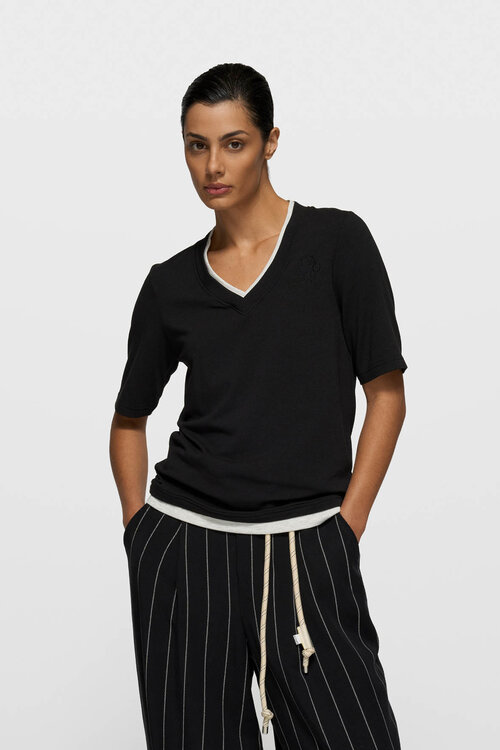 10Days Zwarte dubbele laag V-hals T-shirt