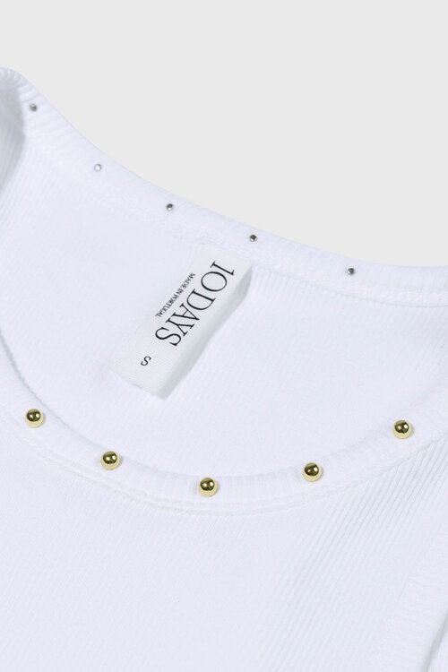 10Days Witte ribgebreide tanktop met pareldetails