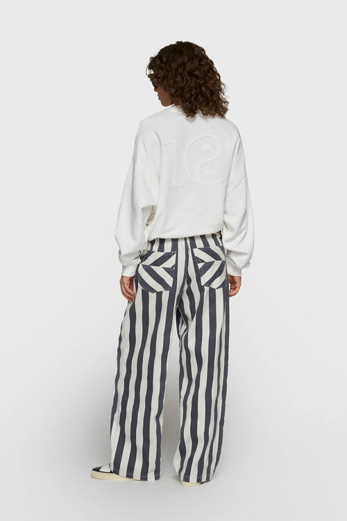 10Days Ecru/blauwe broek met rechte pijpen en strepen