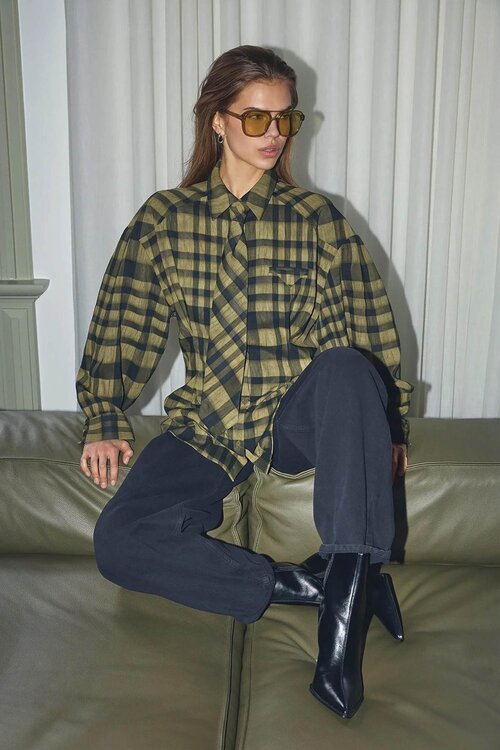 Co'couture Kyel Check Tie Shirt in de kleur kaki