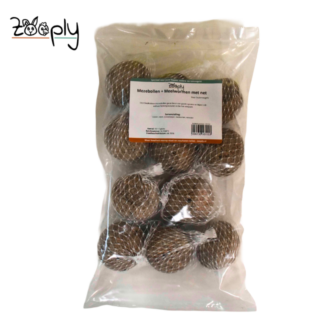 Mezebollen met net en meelwormen – Vetbollen voor buitenvogels – In zakje – 11 stuks